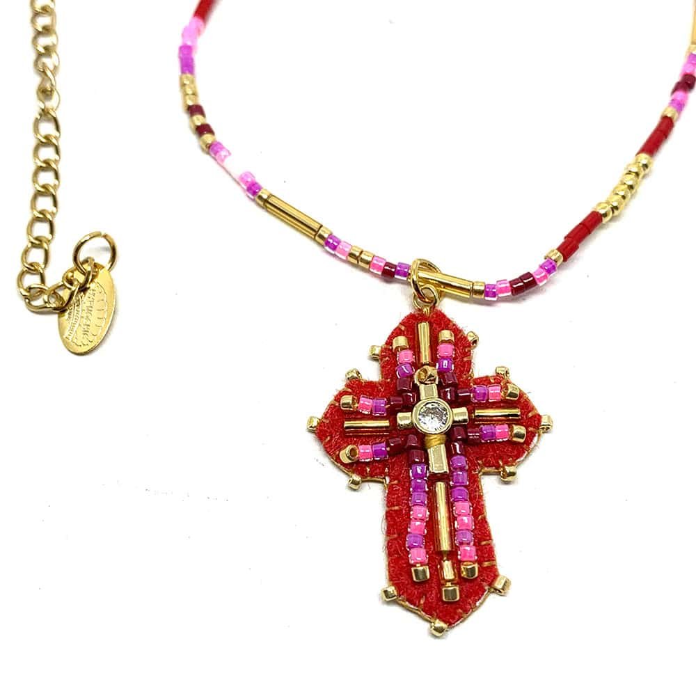 Collier Pendentif Fantaisie Croix BABY MARTA ROUGE1
