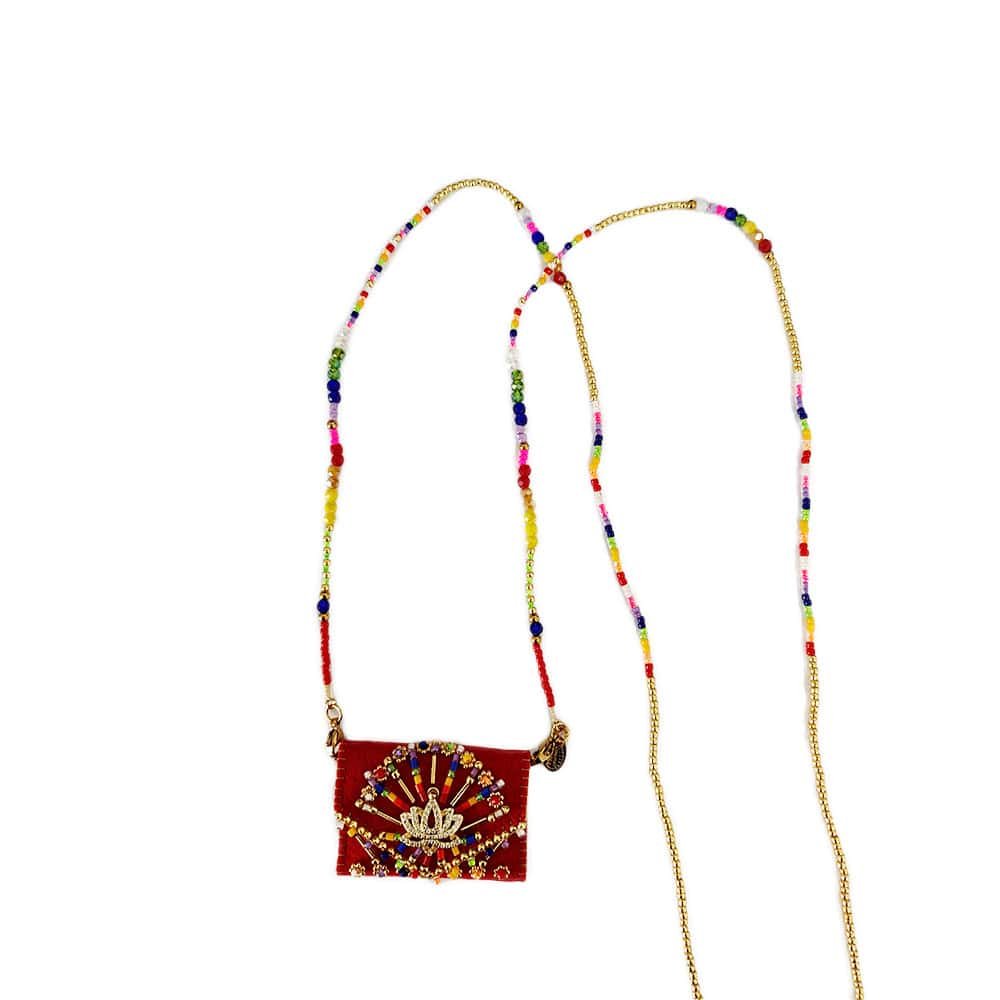 Collier Pochette Chakra Lotus 7 pierres Rouge