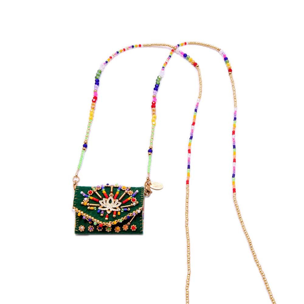 Collier Pochette Chakra Lotus 7 pierres Vert